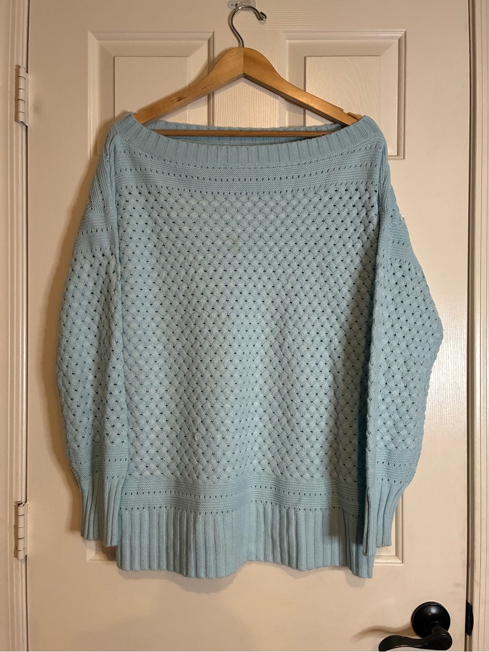Boatneck Light Blue Openwork Knit Sweater